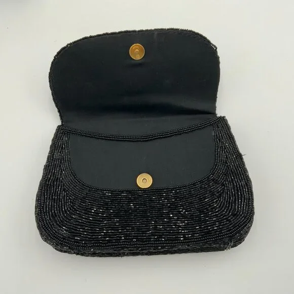 Elegant Vintage Black Beaded Evening Bag Clutch Handbag Marshall Fields - Picture 4 of 12